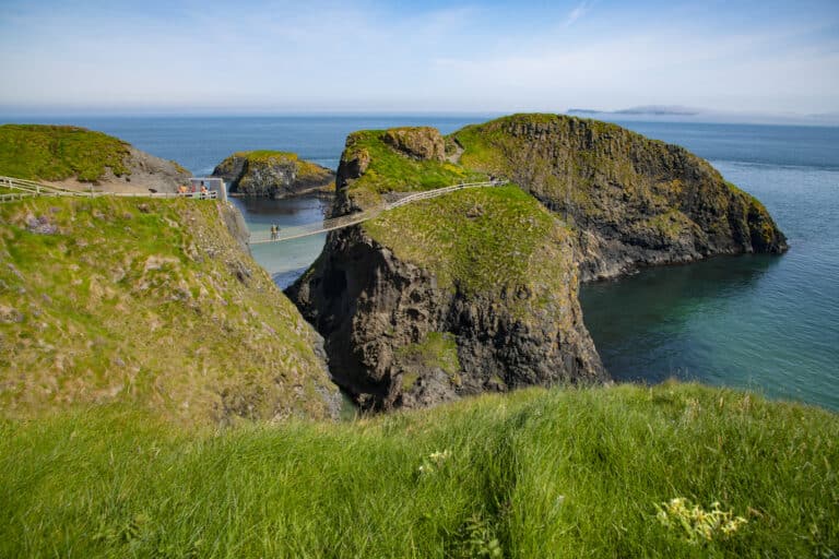 Views of Carrick a Rede island and Ropebridge with the cliffs and path