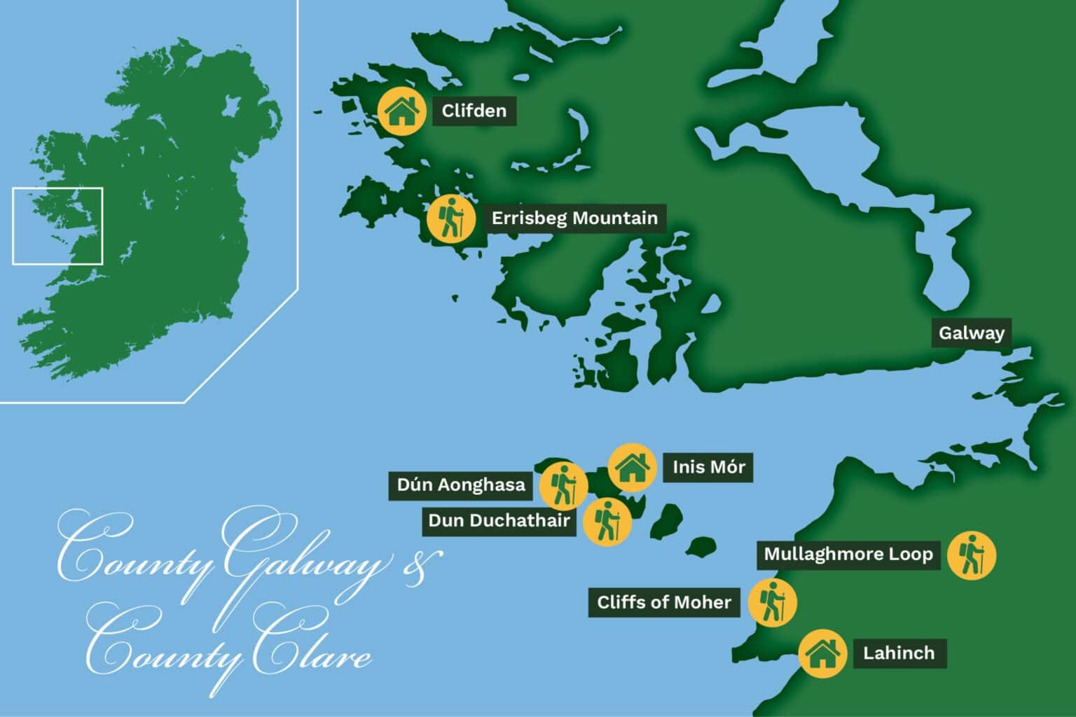 Guided Ieland hiking tour map for Burren, Aran Islands and Connemara