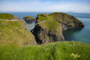Views of Carrick a Rede island and Ropebridge with the cliffs and path